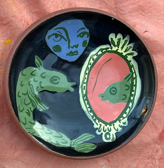 Small Black Bowl - Fish Looking at Itself in Mirror  by Maggie Boyd Ceramics